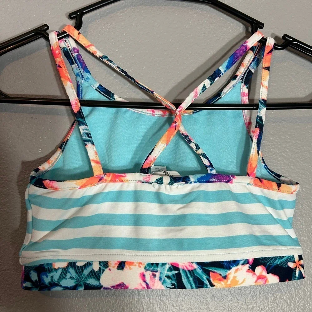 Ideology Big Girl's Striped Criss Cross Back Floral Trim Bikini Top Size M